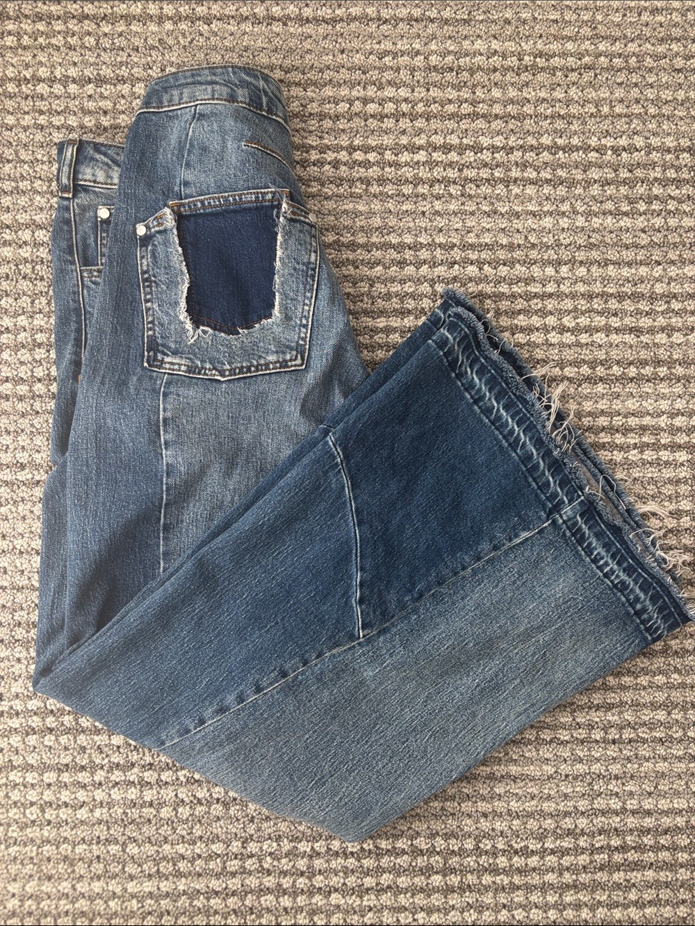 Anthropologie Two-Tone Patchwork Denim Bootcut Jeans - Blue